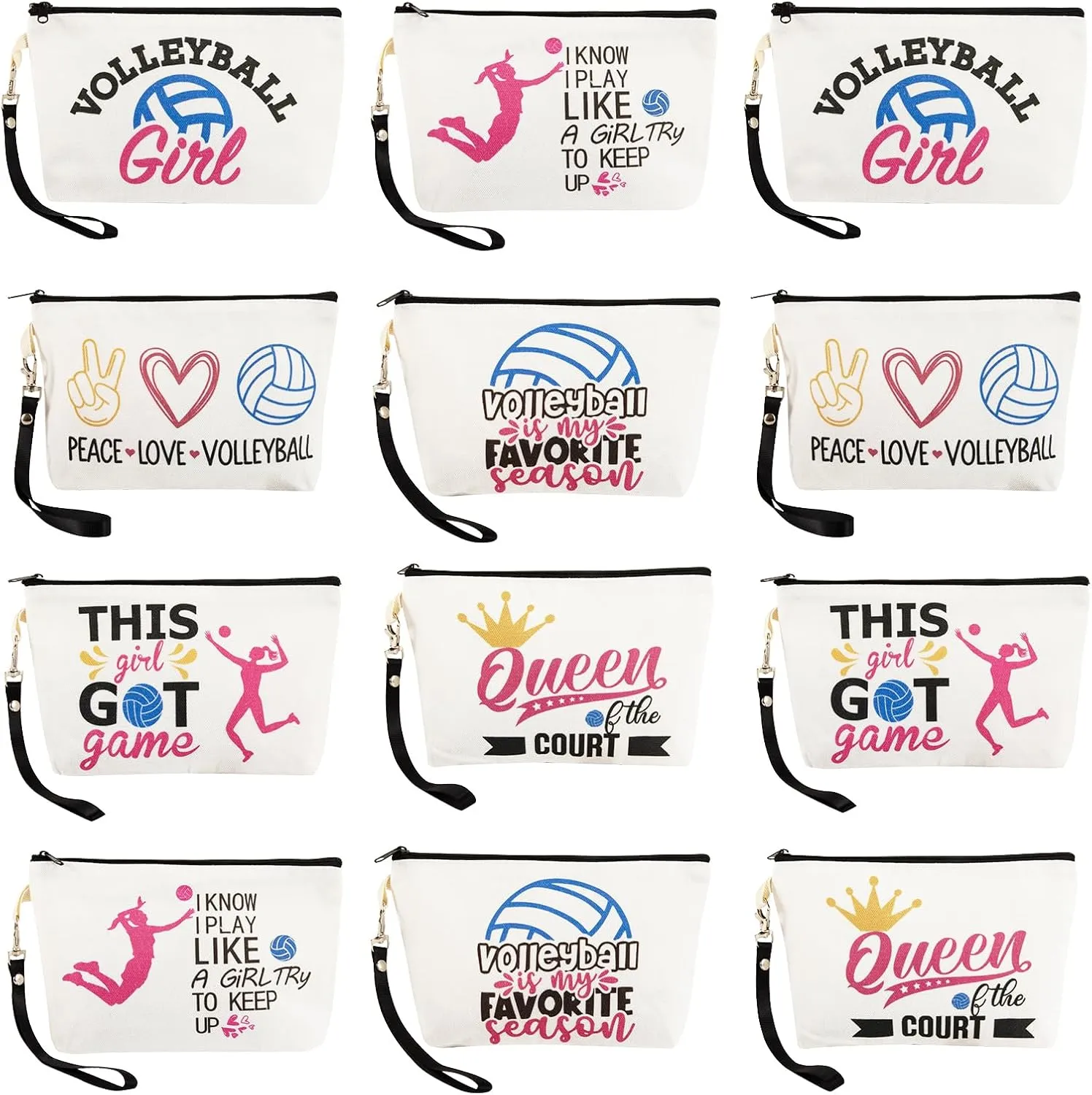 12 PCS Volleyball Makeup Bag Bulk Inspirational Gifts for Women,Travel Storage Bags Portable Storage Case Organizer Toiletry Bag Accessories with Hand Strap,Gifts for Volleyball Team Player Lover Fan