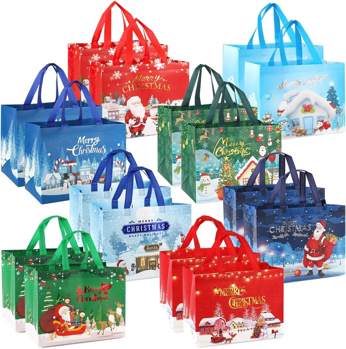 16PCS Bronzing Bags, Multifunctional Non-Woven Christmas Tote Bags with Handles for Gifts Wrapping, Shopping & Xmas Party Supplies, 12.8"9.8"6.7"