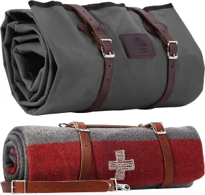 1844 Helko Werk Germany Waxed Canvas Bedroll & Swiss Army Blanket Bundle - Camping Bedroll with Leather Straps and Zipper - Waterproof Portable Bed (Blanket   Bedroll Slate Gray) #F8761SGB