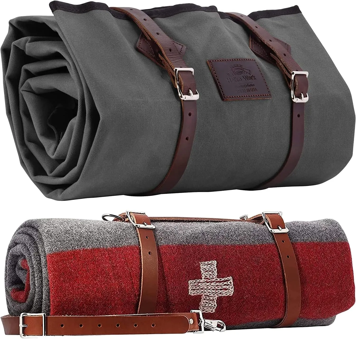 1844 Helko Werk Germany Waxed Canvas Bedroll & Swiss Army Blanket Bundle - Camping Bedroll with Leather Straps and Zipper - Waterproof Portable Bed (Blanket   Bedroll Slate Gray) #F8761SGB