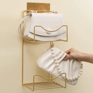 2 Grids Pockets Hanging Handbag Storage, Bag and Purse Organizer Holder for Wardrobe Closet Door, Wall Mount Handbag Display Shelves, Metal Iron Material, Gold Modern Design