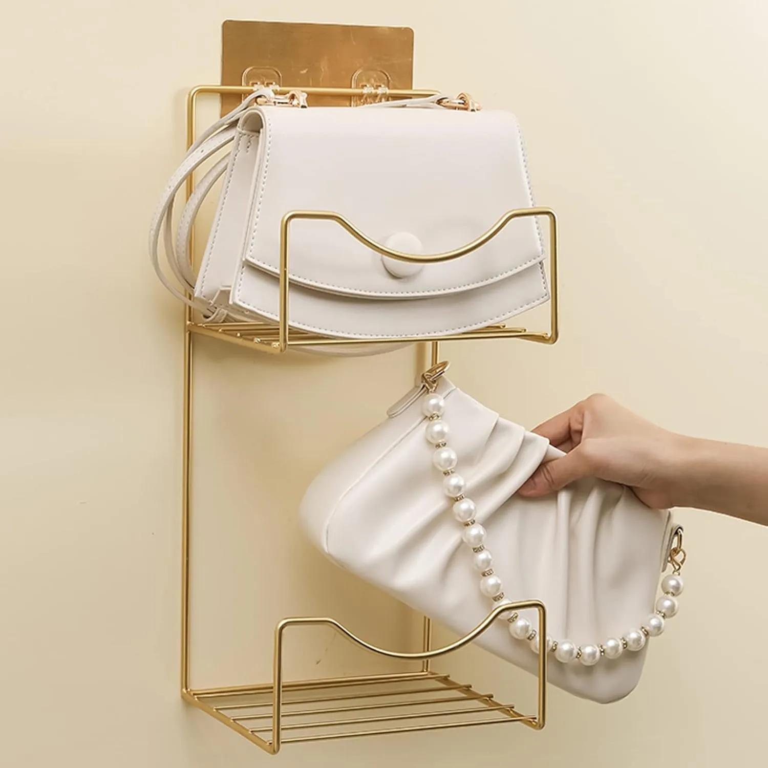 2 Grids Pockets Hanging Handbag Storage, Bag and Purse Organizer Holder for Wardrobe Closet Door, Wall Mount Handbag Display Shelves, Metal Iron Material, Gold Modern Design