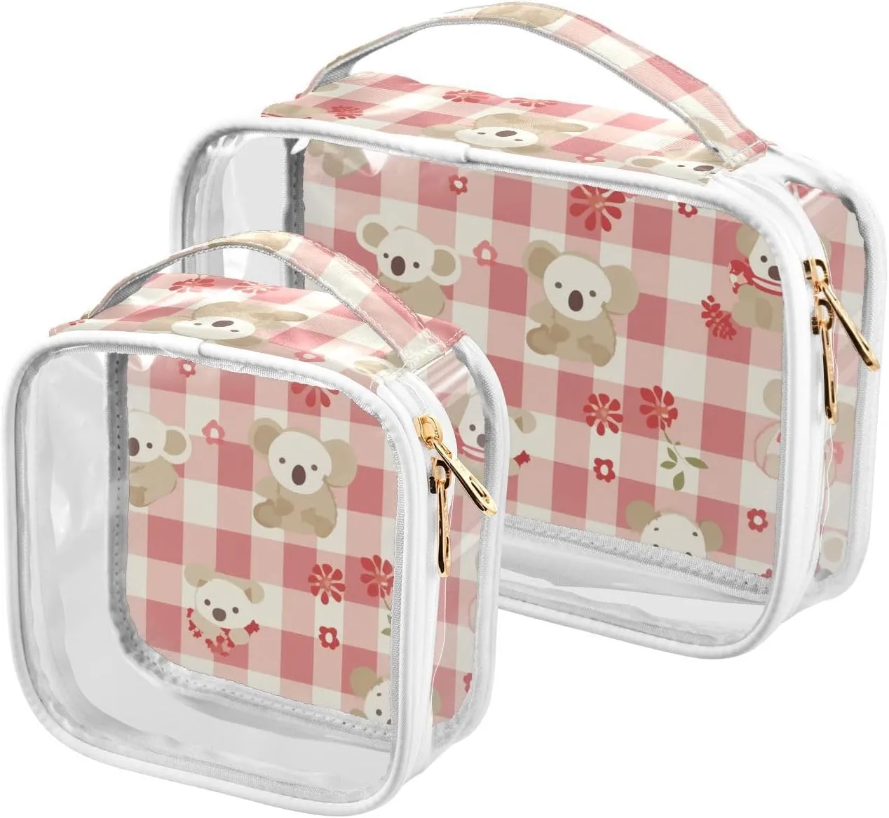 2 Pack clear Koala Cute Peach Plaid toiletry bags for TSA approved multifunctional cosmetic bag travel shaving essentials