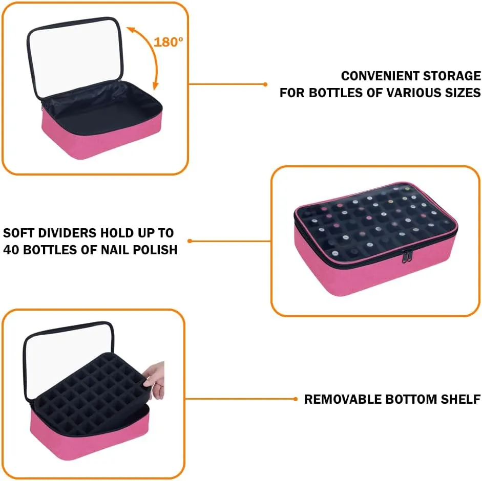 2 Pcs Small Clear Nail Polish Organizer Holds 80 bottles(15ml-0.5fl.oz) Nail Polish Case Multifunctional Nail Polish Bag Organizer, Cosmetic Travel Makeup Bags for Women Rose Red
