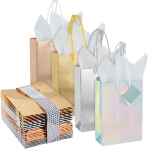 20-Pack Small Metallic Gift Bags with Handles, 5.5x2.5x7.9-Inch Paper Bags with Foil Coating, White Tissue Paper Sheets, and Tags for Small Business (4 Colors)