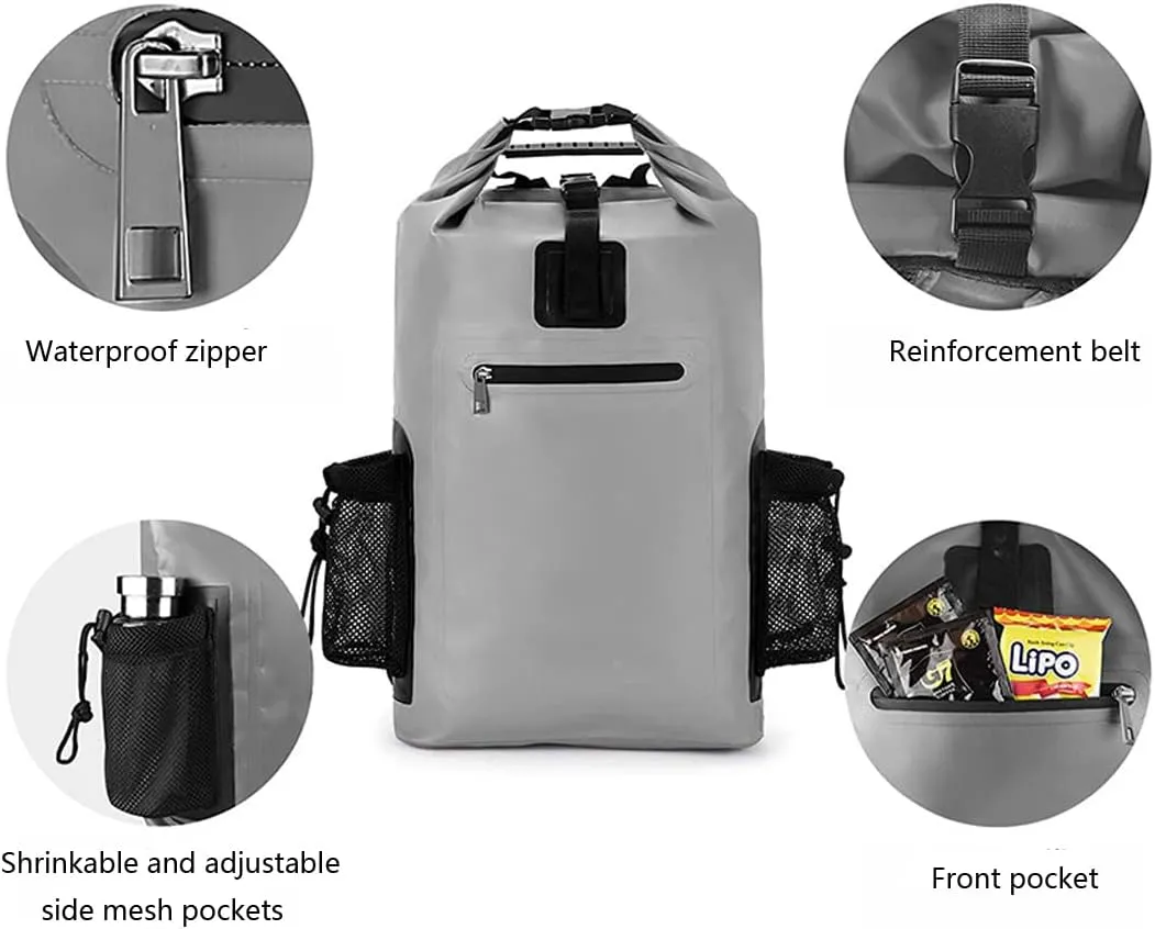 20L,40L,50L,Waterproof Gym Bag,Travel Pack Bag For Kayaking,Beach,Surfing,Rafting,Fishing,Camping Overnight., Small, Gray