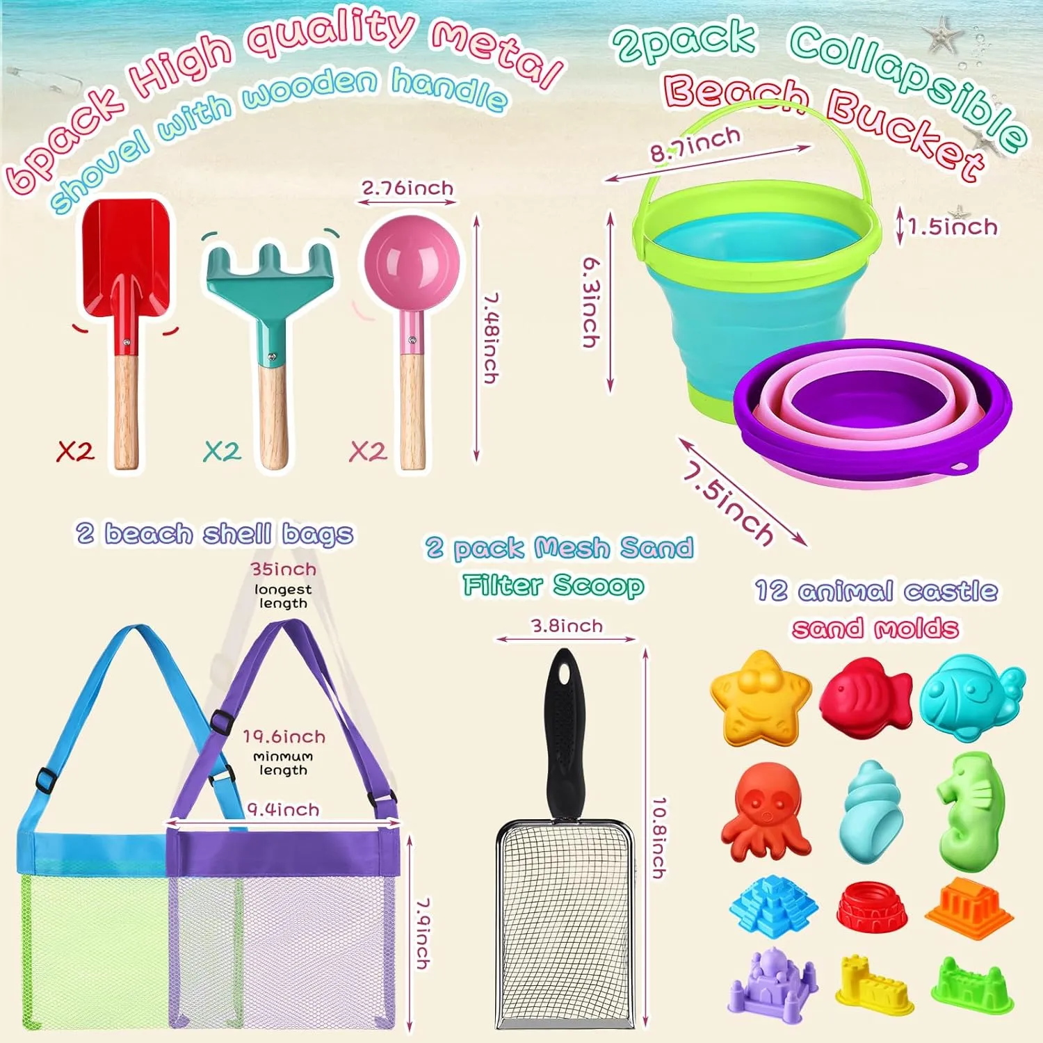 24 Pcs Collapsible Beach Toys Set Collapsible Sand Bucket Sifter Shovels with Mesh Bag, Castle and Sea Animal Molds Travel Sand Building Kit Toys Foldable Beach Essentials(Green Pink)
