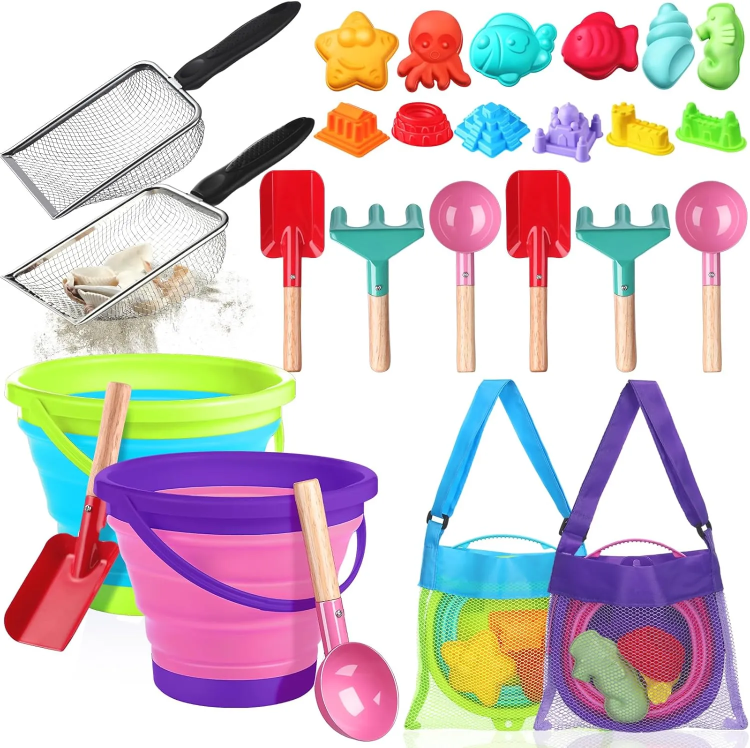 24 Pcs Collapsible Beach Toys Set Collapsible Sand Bucket Sifter Shovels with Mesh Bag, Castle and Sea Animal Molds Travel Sand Building Kit Toys Foldable Beach Essentials(Green Pink)