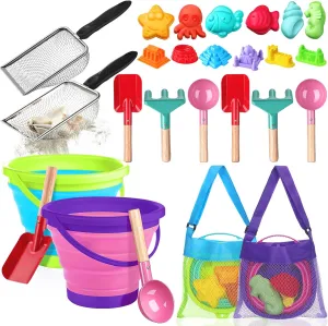 24 Pcs Collapsible Beach Toys Set Collapsible Sand Bucket Sifter Shovels with Mesh Bag, Castle and Sea Animal Molds Travel Sand Building Kit Toys Foldable Beach Essentials(Green Pink)
