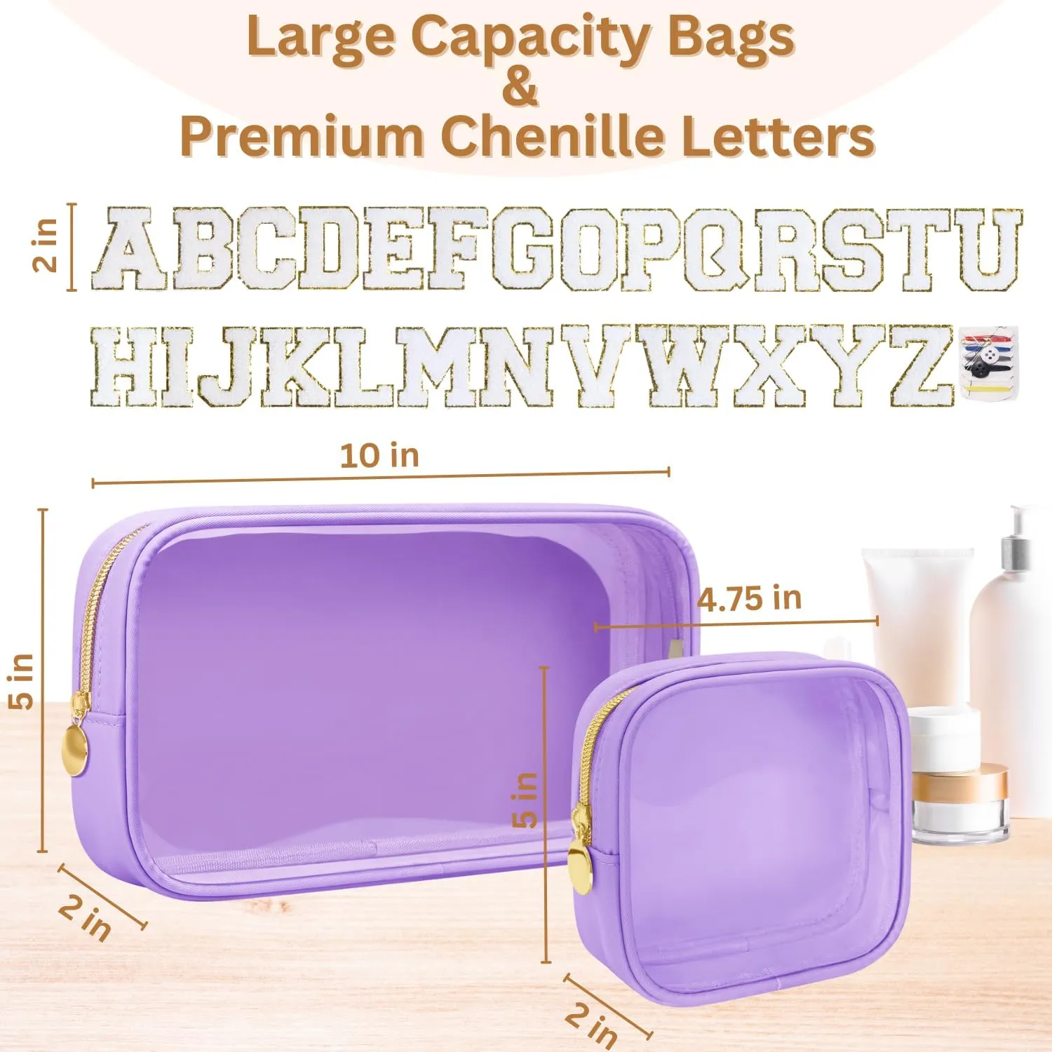 2PCS Personalized Makeup Bag Set, 2PCS Toiletry Bag & 26 Chenille Letters, Clear Makeup Pouch, Preppy Stuff Gifts for Teen Girls (Purple)