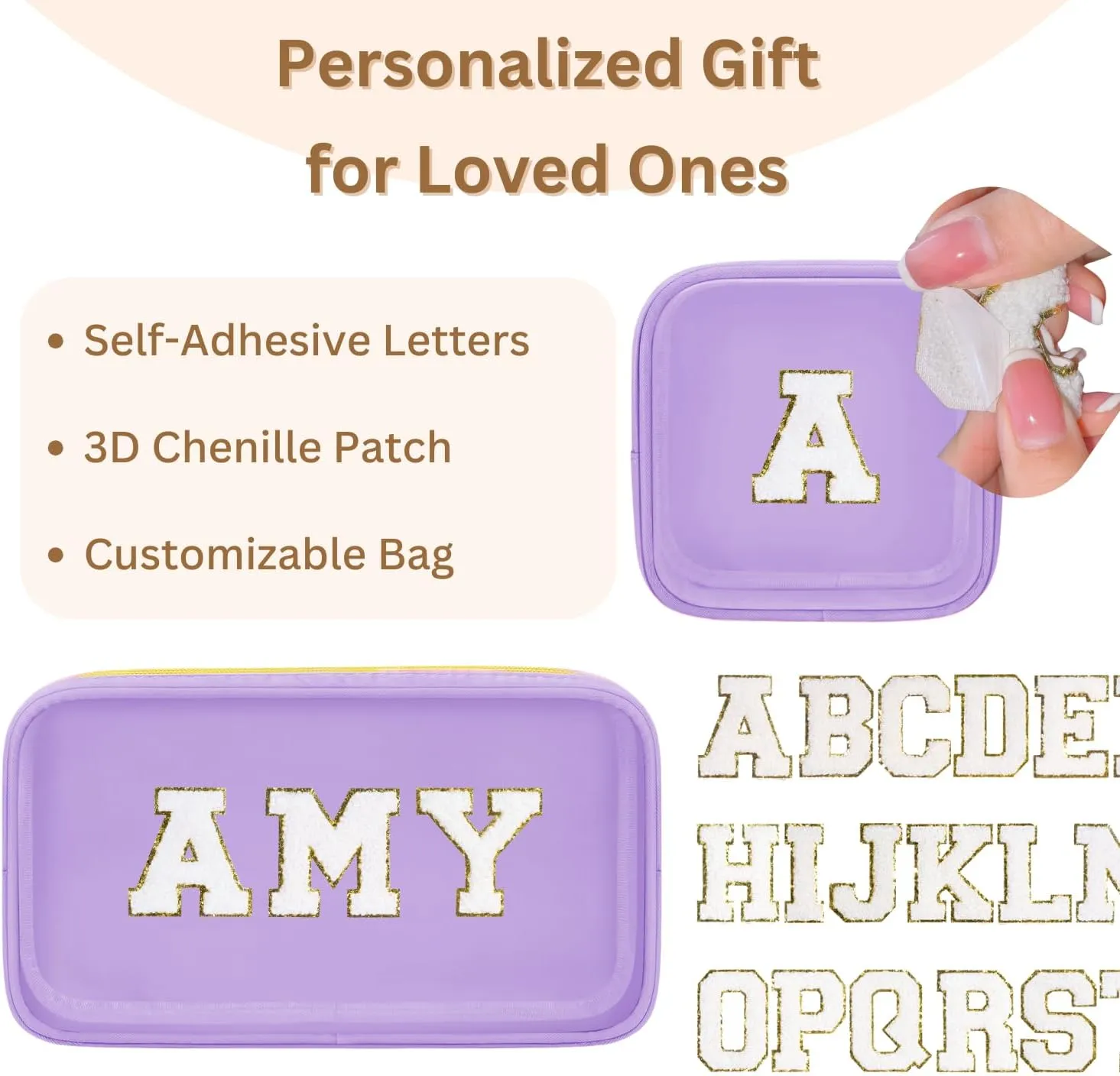 2PCS Personalized Makeup Bag Set, 2PCS Toiletry Bag & 26 Chenille Letters, Clear Makeup Pouch, Preppy Stuff Gifts for Teen Girls (Purple)