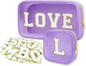 2PCS Personalized Makeup Bag Set, 2PCS Toiletry Bag & 26 Chenille Letters, Clear Makeup Pouch, Preppy Stuff Gifts for Teen Girls (Purple)
