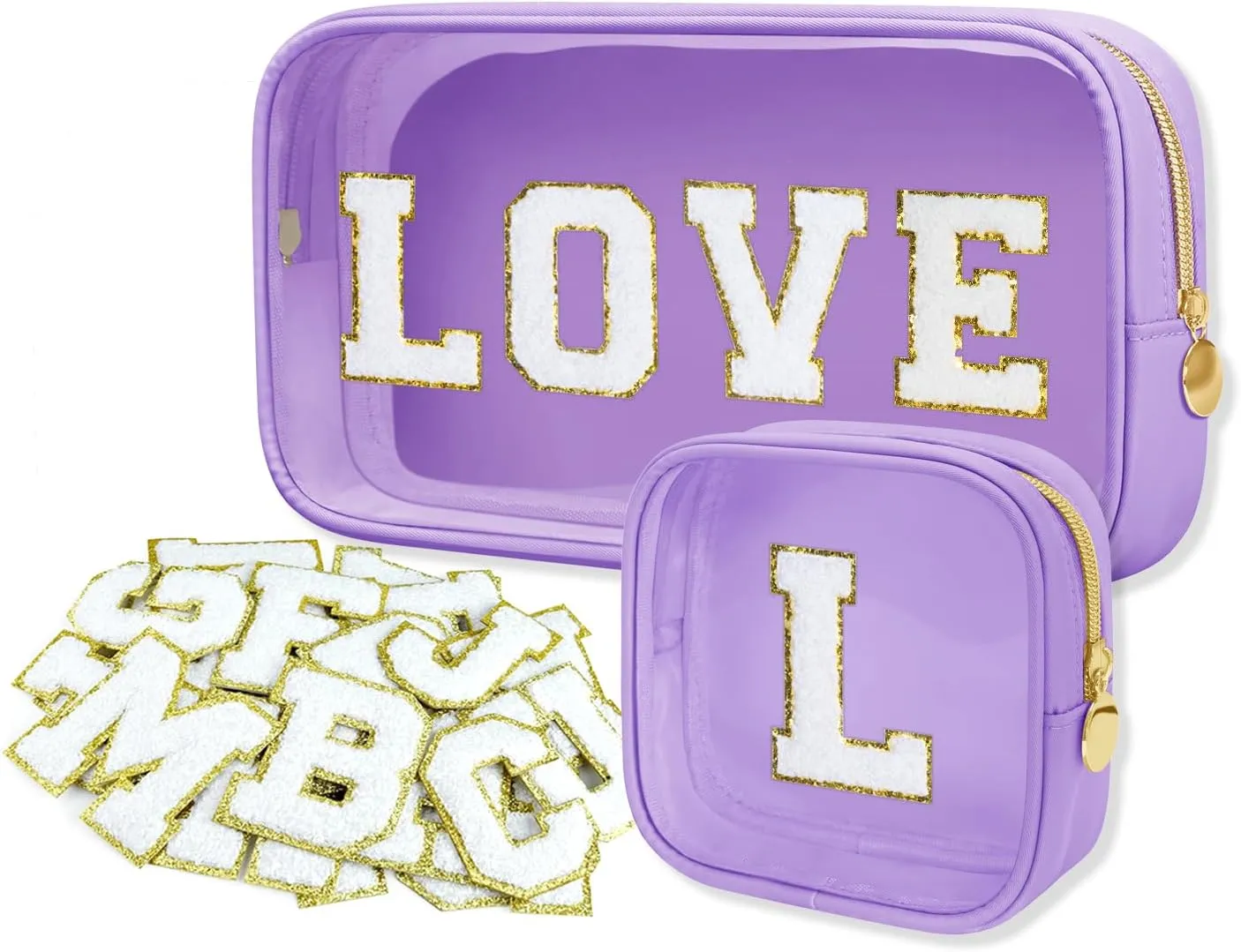 2PCS Personalized Makeup Bag Set, 2PCS Toiletry Bag & 26 Chenille Letters, Clear Makeup Pouch, Preppy Stuff Gifts for Teen Girls (Purple)