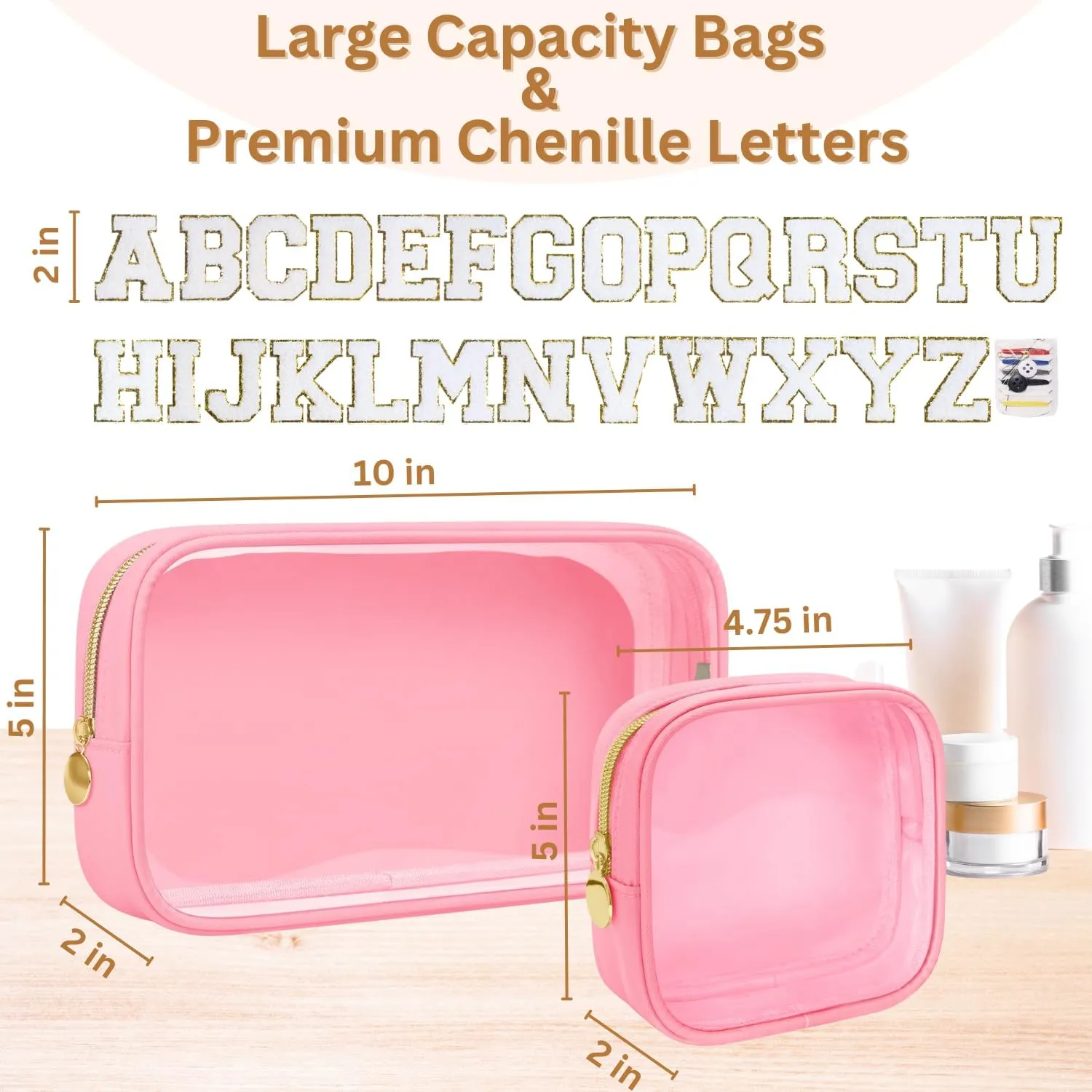 2PCS Personalized Makeup Preppy Bag Set, 2PCS Toiletry Bag & 26 Chenille Letters, Clear Makeup Pouch, Birthday Gifts for Girls (Pink)