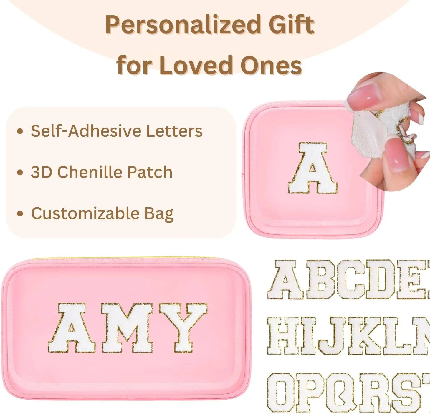 2PCS Personalized Makeup Preppy Bag Set, 2PCS Toiletry Bag & 26 Chenille Letters, Clear Makeup Pouch, Birthday Gifts for Girls (Pink)