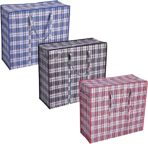 3 Pack 137L Large Moving Bags with Double Zippers Carrying Handles, Heavy-Duty Storage Tote Plastic Checkered Laundry Shopping Bags, Size 27.5"L X 11.8"W X 25.6"H, Color Red Black Blue