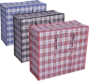 3 Pack 158L Extra Large Moving Bags with Double Zippers Carrying Handles, Heavy-Duty Storage Tote Plastic Checkered Laundry Shopping Bags, Size 27.5"L X 11.8"W X 29.5"H, Color Red Black Blue