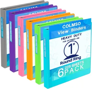 3 Ring Binders，1 Inch Binder, Round Ring Customizable Clearview Binder, for School, Home, Office, Pink, Blue, Green, Purple, Gray, Orange, 6Pack