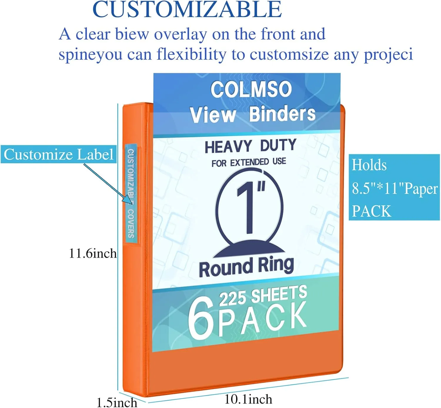 3 Ring Binders，1 Inch Binder, Round Ring Customizable Clearview Binder, for School, Home, Office, Pink, Blue, Green, Purple, Gray, Orange, 6Pack