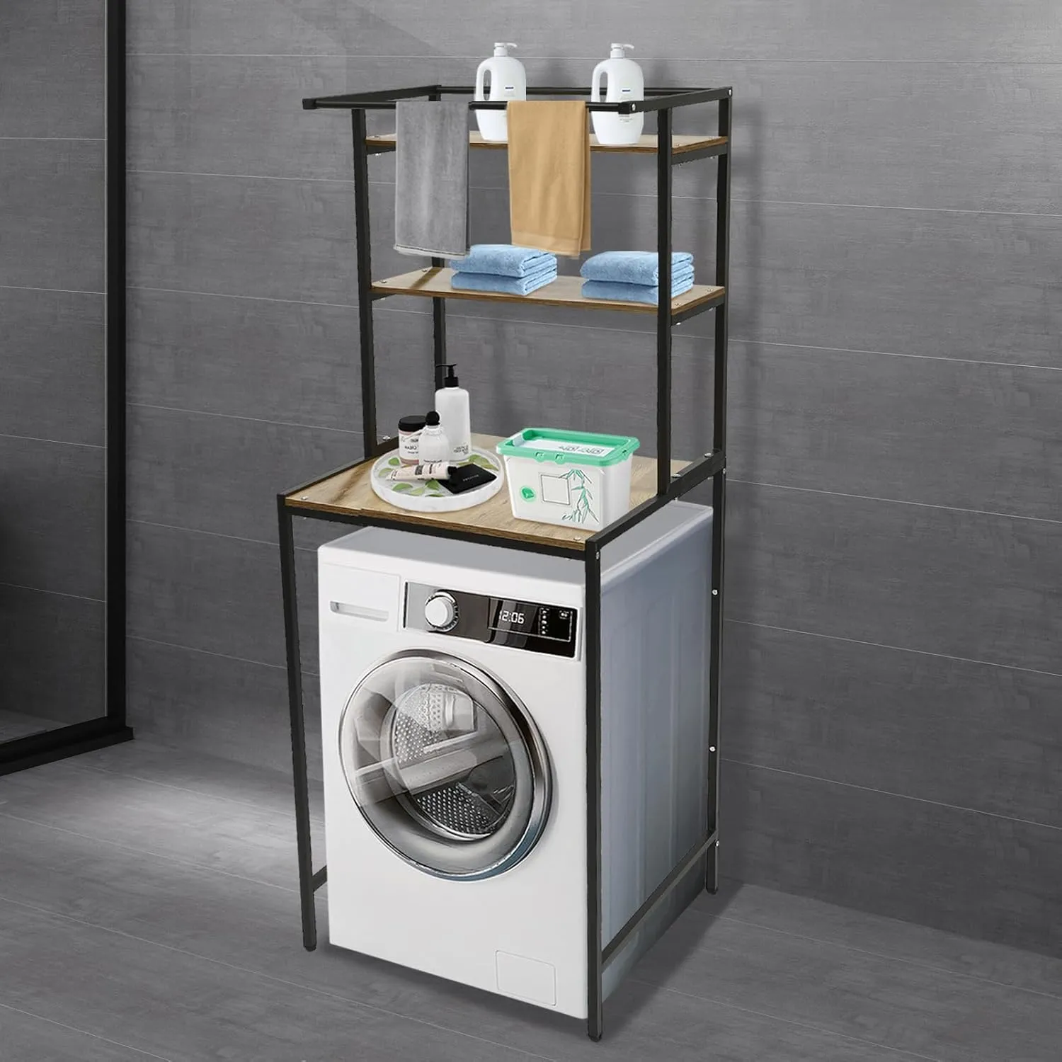 3-Tier Washer and Dryer Storage Rack - Standing Shelf Organizer for Laundry Room, Bathroom, Bedroom, or Balcony; Ideal for Towels, Drying Clothes, and Handbags (Black Oak)