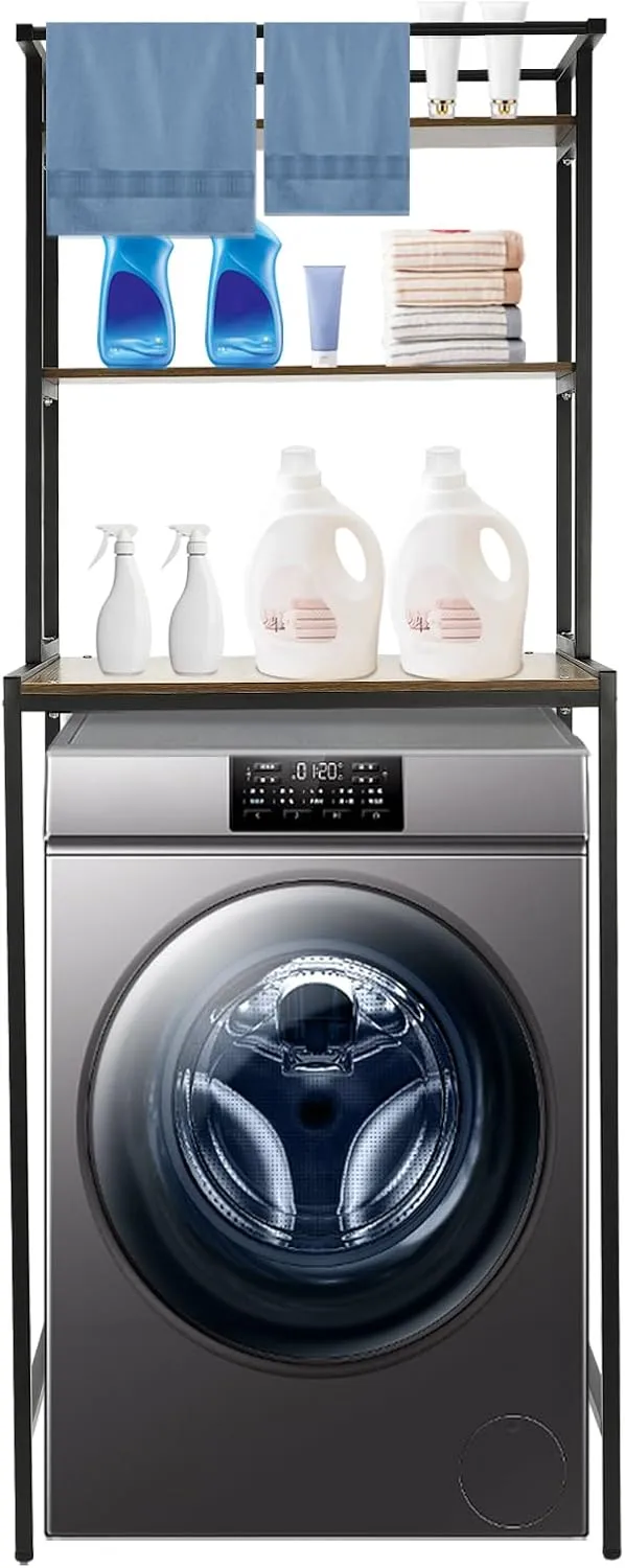 3-Tier Washer and Dryer Storage Rack - Standing Shelf Organizer for Laundry Room, Bathroom, Bedroom, or Balcony; Ideal for Towels, Drying Clothes, and Handbags (Black Oak)