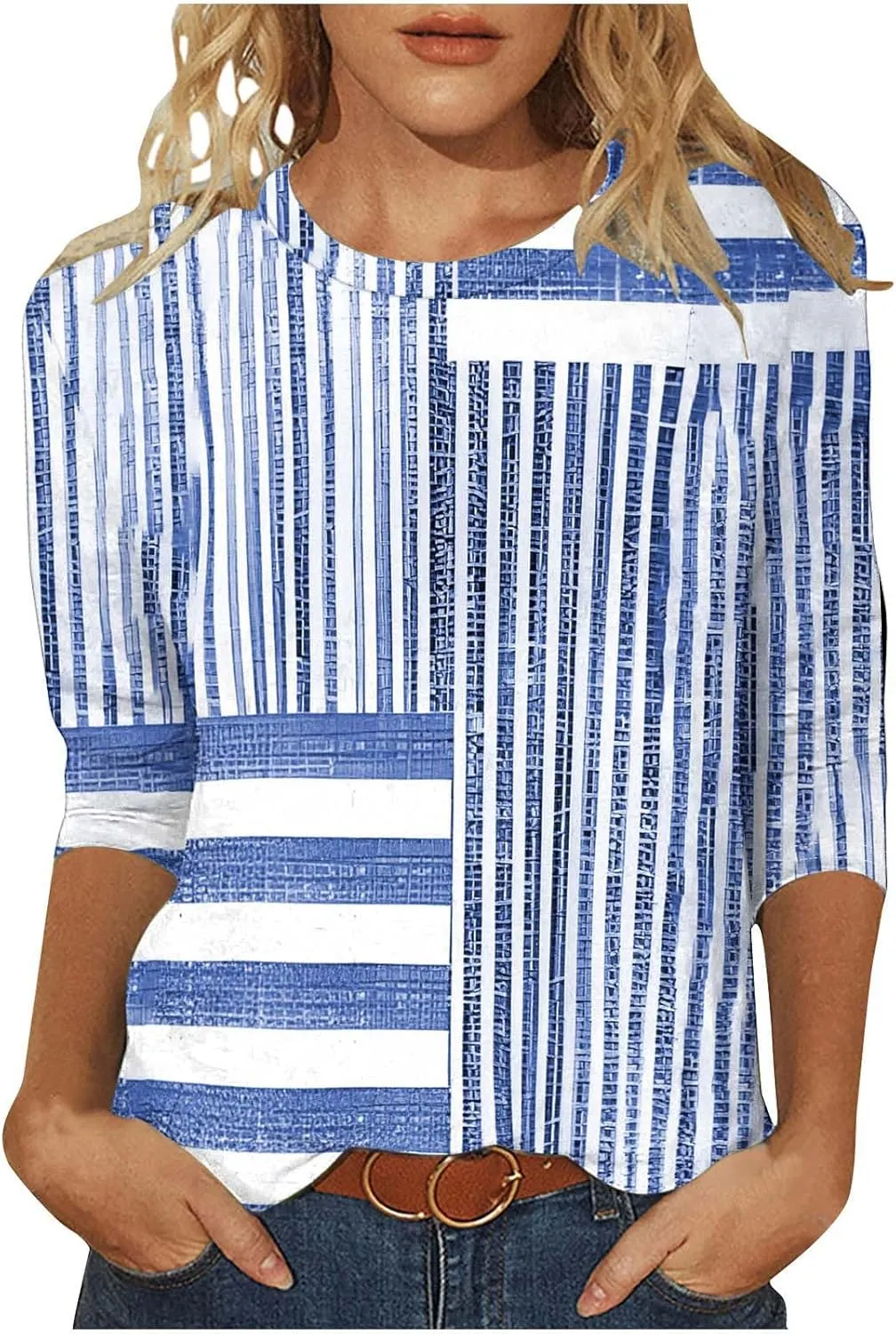 3/4 Length Sleeve Womens Tops Plus Size Crewneck Summer Tunic Shirts Dressy Casual Loose Summer Blouses Trendy 2025