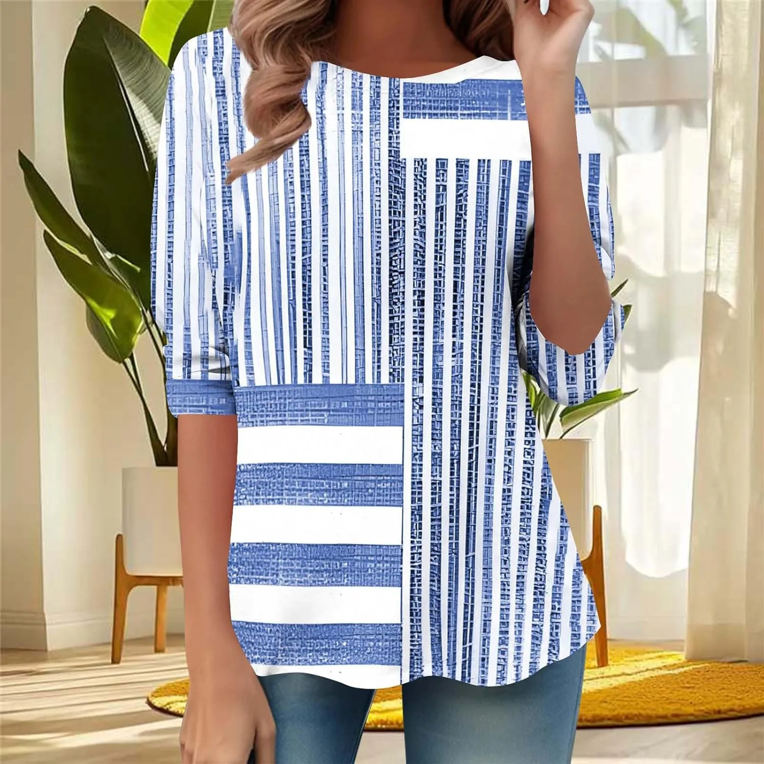 3/4 Length Sleeve Womens Tops Plus Size Crewneck Summer Tunic Shirts Dressy Casual Loose Summer Blouses Trendy 2025