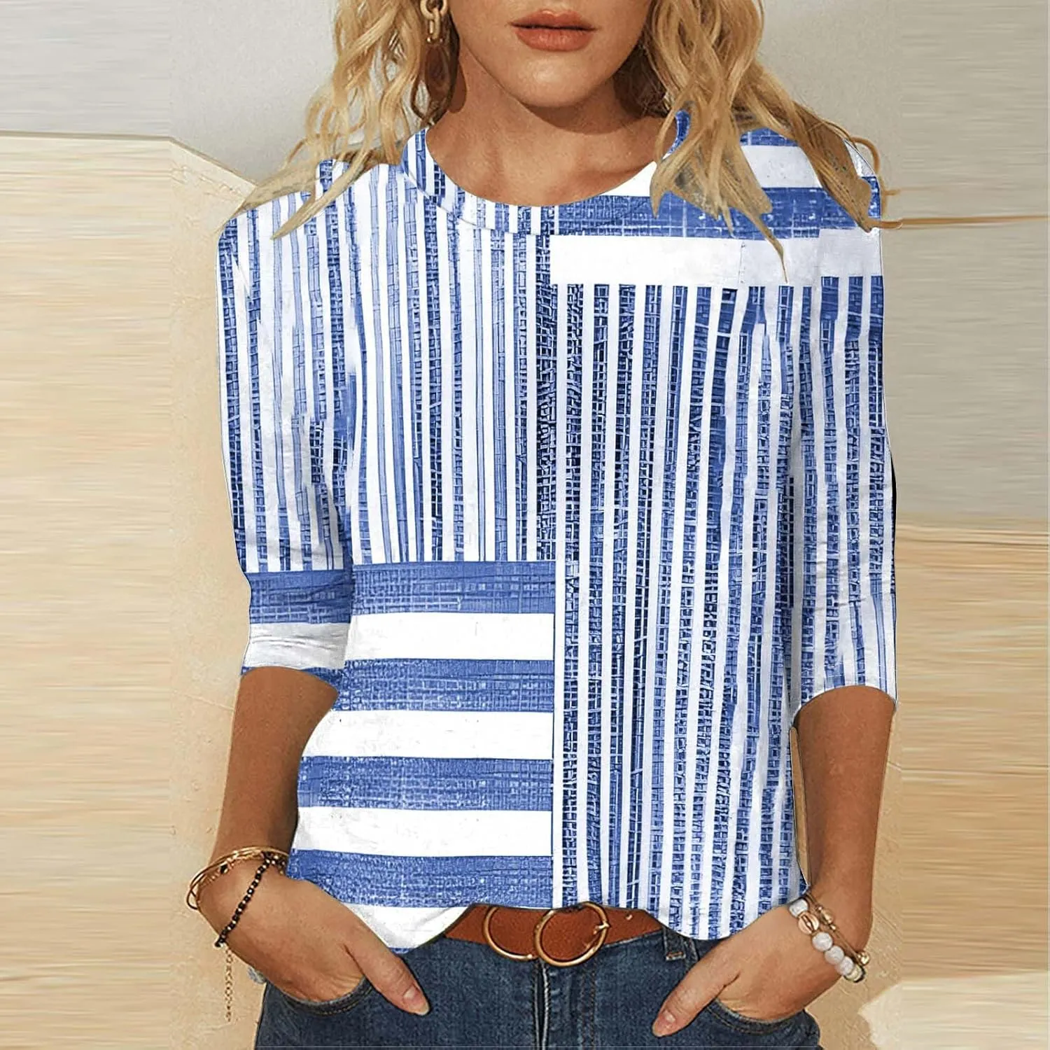 3/4 Length Sleeve Womens Tops Plus Size Crewneck Summer Tunic Shirts Dressy Casual Loose Summer Blouses Trendy 2025