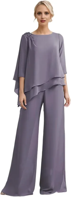 3/4 Sleeves Mother of The Bride Pant Suits for Wedding Lace Appliques Chiffon Long Formal Outfit Sets JH006