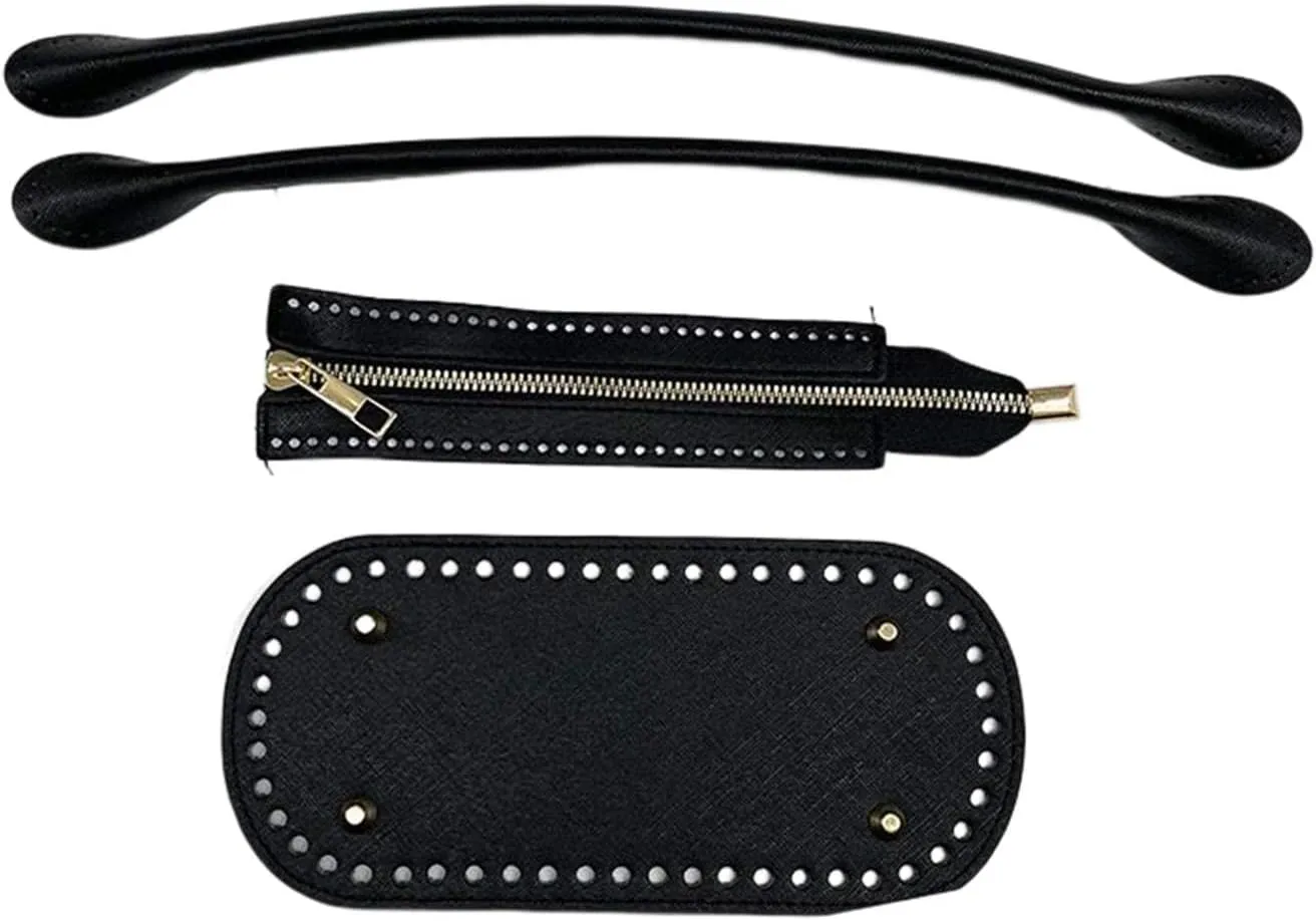 3Pcs Crochet Bag Bottom with Handles Oval with Holes PU Leather Purse Bottom for Crochet for DIY Shoulder Bag Crochet Bag 22Cmx10cm Making, Black