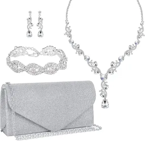 4 Pieces Silver Clutch Purses Rhinestone Crystal Choker Necklace Teardrop Dangle Earrings Link Tennis Bracelet Jewelry Set Evening Bag Handbag Crossbody Envelope for Women
