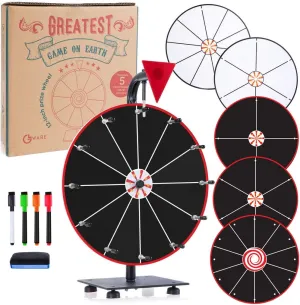 5 in 1 Tabletop Prize Wheel Spinner - 12" Carnival Games Smooth Spinning Wheel for Prizes, Raffle - Portable Dry Erase Spin the Wheel Game with Stand, Marker Pen & Eraser - Black & White Wheel Faces