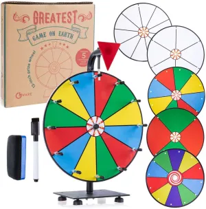 5 in 1 Tabletop Prize Wheel Spinner - 12" Carnival Games Smooth Spinning Wheel for Prizes, Raffle - Portable Dry Erase Spin the Wheel Game with Stand, Marker Pen & Eraser - Color & White Wheel Faces