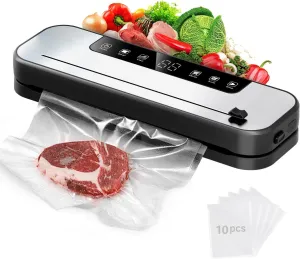 5-in-1 Vacuum Sealer Machine for Food, 75KPa Powerful Suction, 11.8" Sealing Strip, Purple Light Clean, Built-in Sliding Cutter, Dry & Moist Modes, LED Display, 10 Vacuum Bags Included