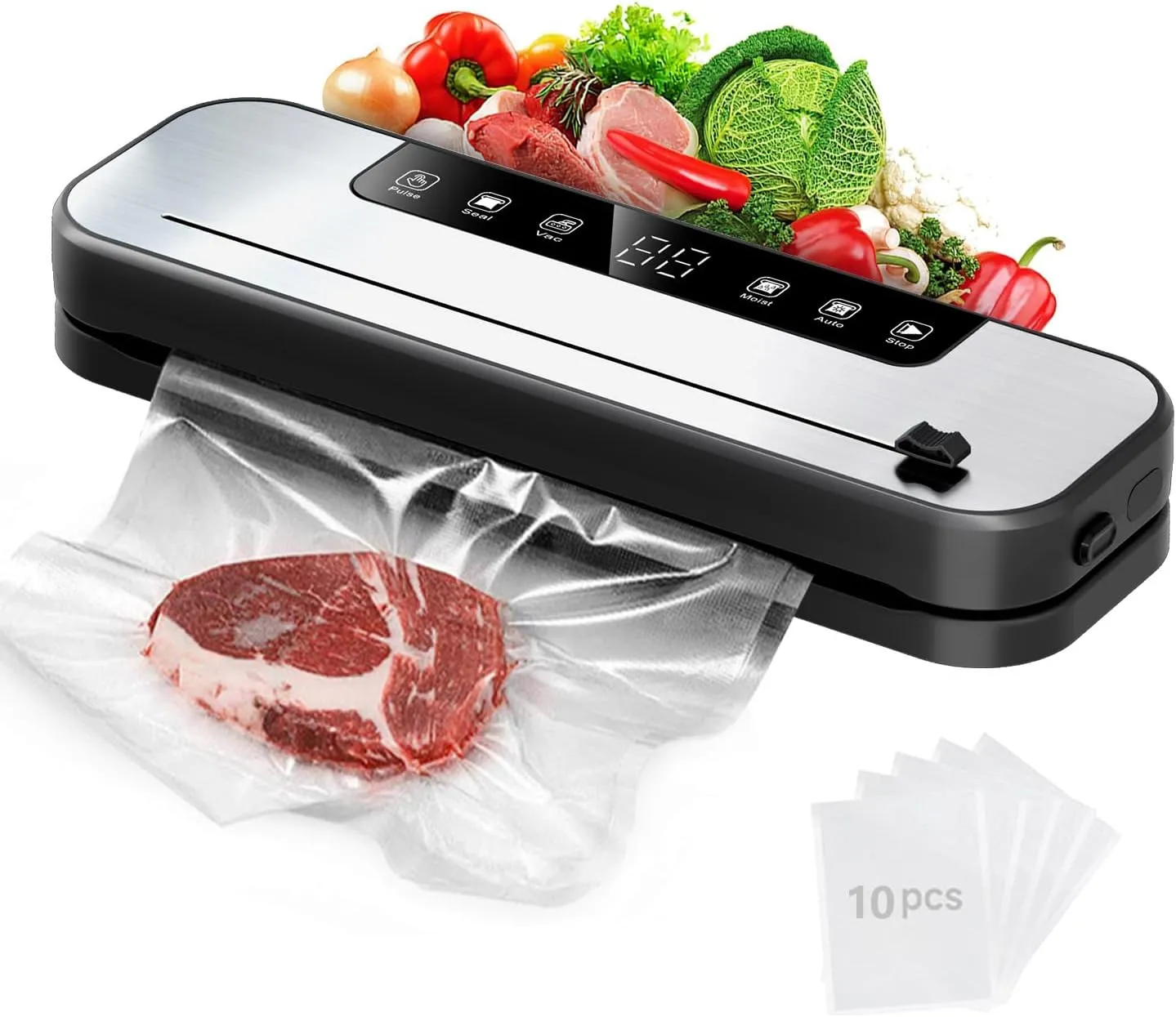 5-in-1 Vacuum Sealer Machine for Food, 75KPa Powerful Suction, 11.8" Sealing Strip, Purple Light Clean, Built-in Sliding Cutter, Dry & Moist Modes, LED Display, 10 Vacuum Bags Included