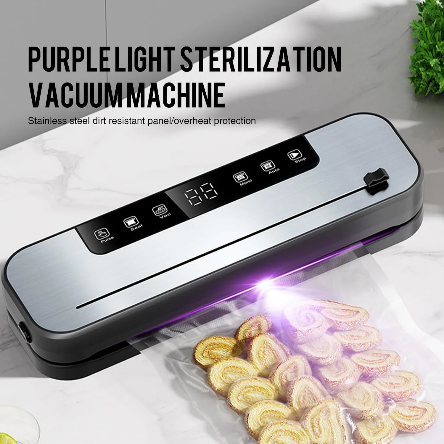 5-in-1 Vacuum Sealer Machine for Food, 75KPa Powerful Suction, 11.8" Sealing Strip, Purple Light Clean, Built-in Sliding Cutter, Dry & Moist Modes, LED Display, 10 Vacuum Bags Included
