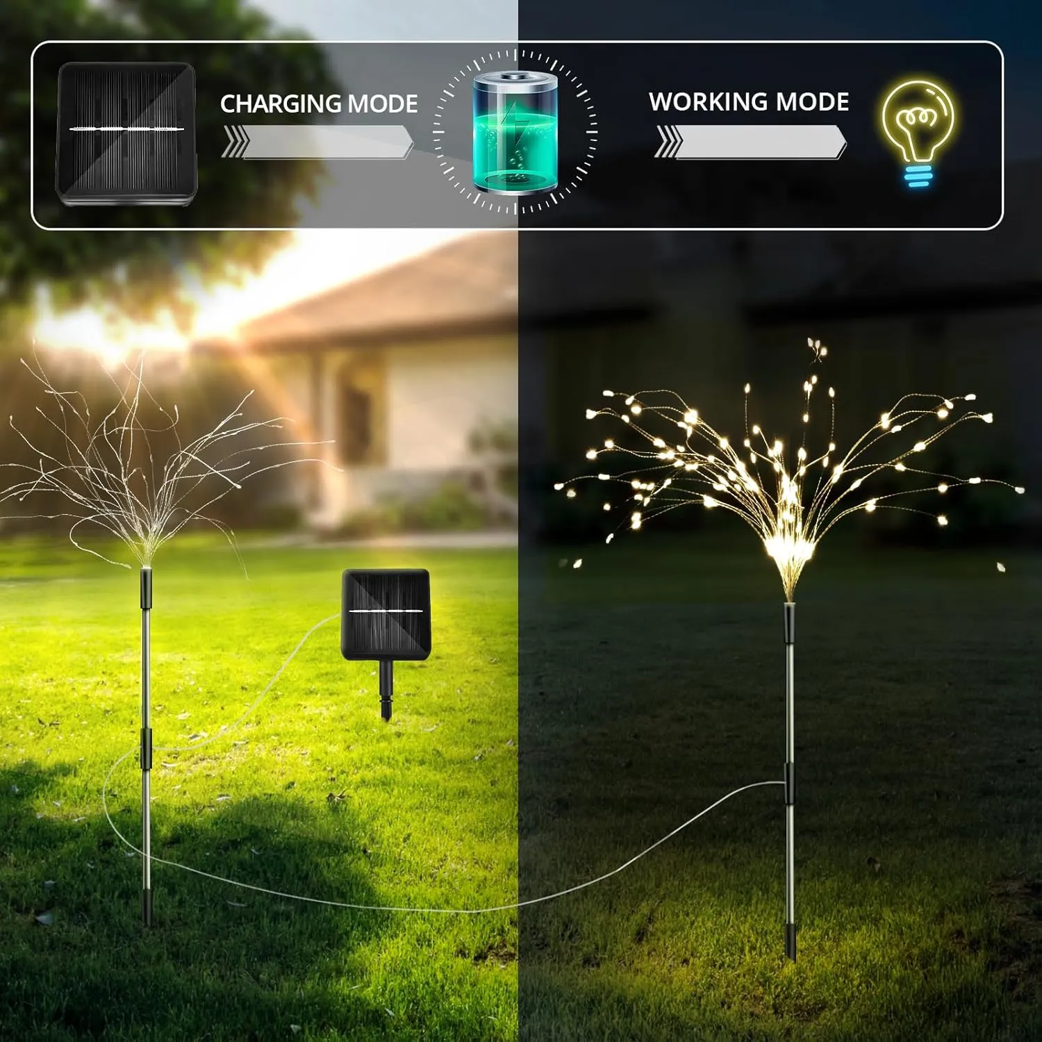 8 Modes Solar Garden Lights with 1200mAH Solar Panels, 240 LED Fairy Lights - Waterproof - Firework Light - String Lights for Yard Decorations, Pathway, Garden, Patio - 2 Pack Warm White