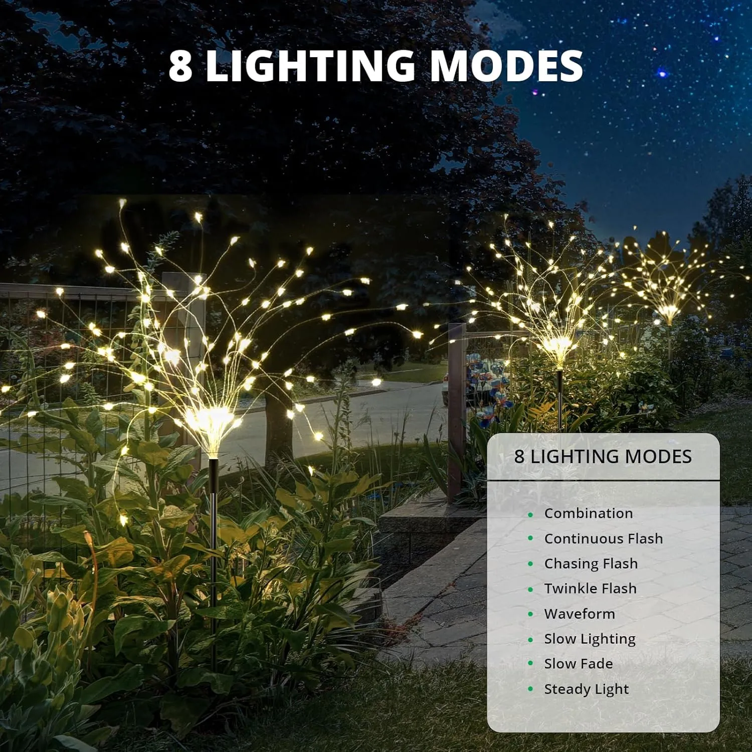 8 Modes Solar Garden Lights with 1200mAH Solar Panels, 240 LED Fairy Lights - Waterproof - Firework Light - String Lights for Yard Decorations, Pathway, Garden, Patio - 2 Pack Warm White