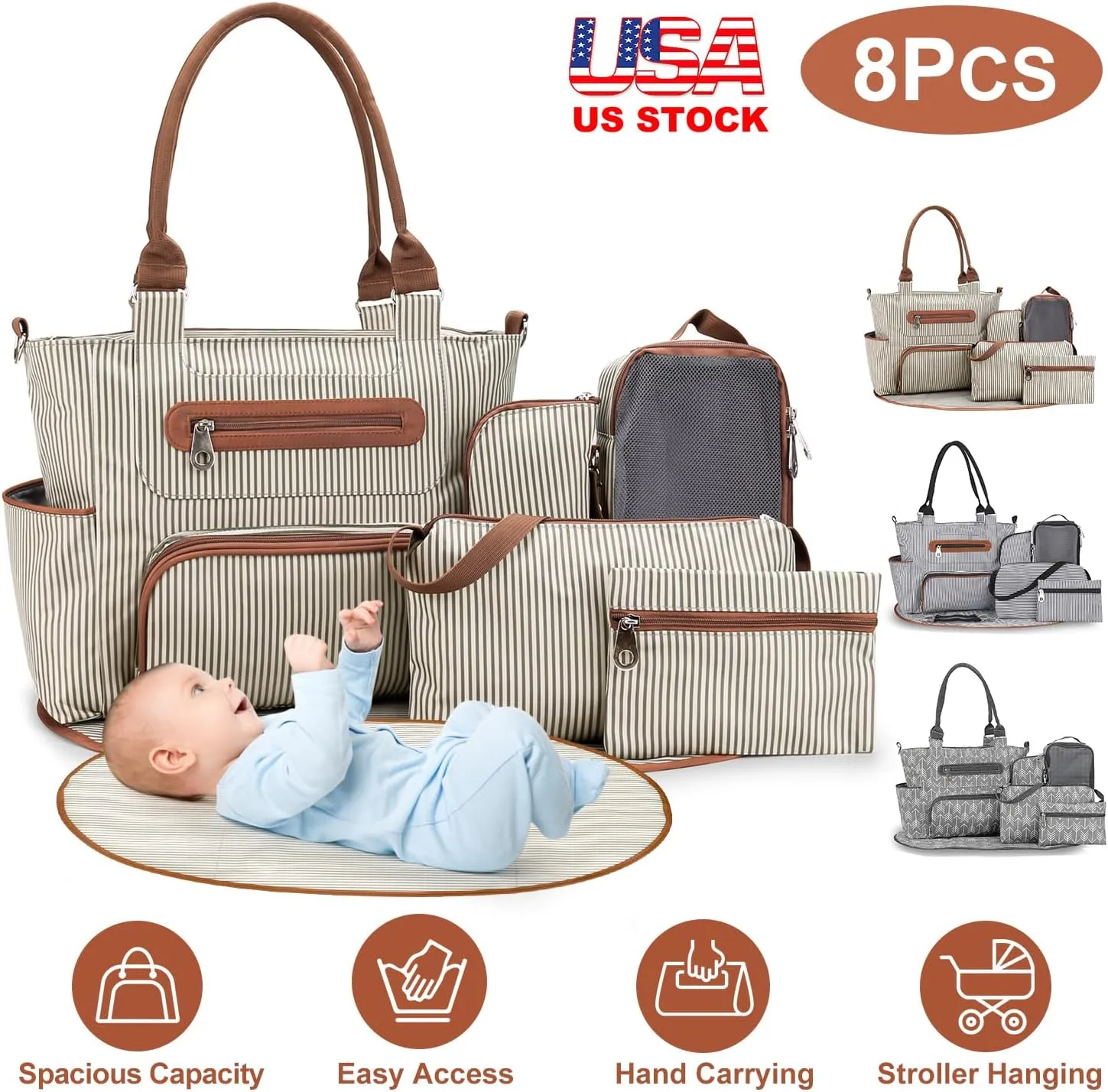8Pcs Baby Nappy Diaper Bags Set for Mom Dad Mummy Handbags Multifunctional Diaper Changing Bags
