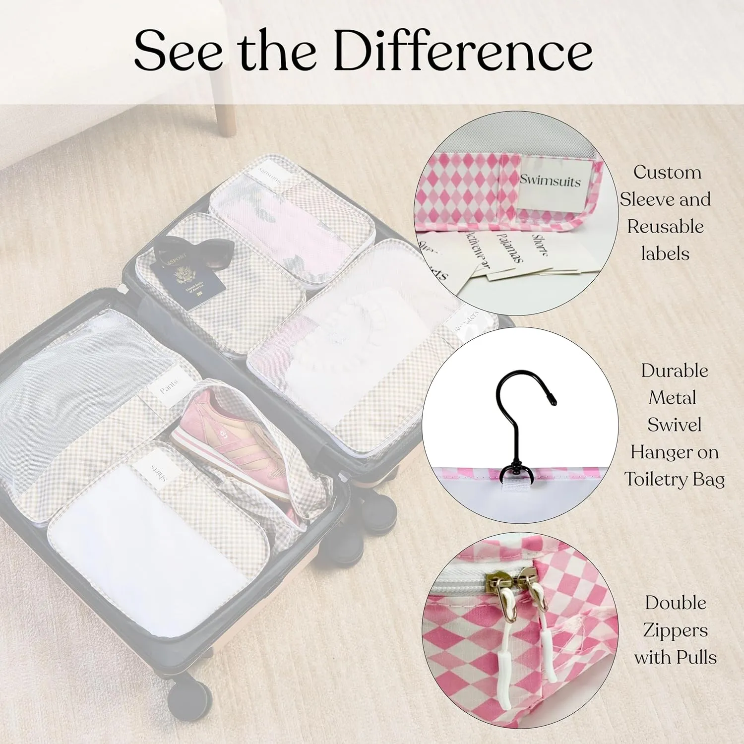 9 Piece Set Packing Cubes - Suitcase Organizer, Cute Packing Cubes, Travel Bag Organizer Luggage, Toiletry & Makeup Bag, Gifts for Women, Teachers and Gradutes- Pink