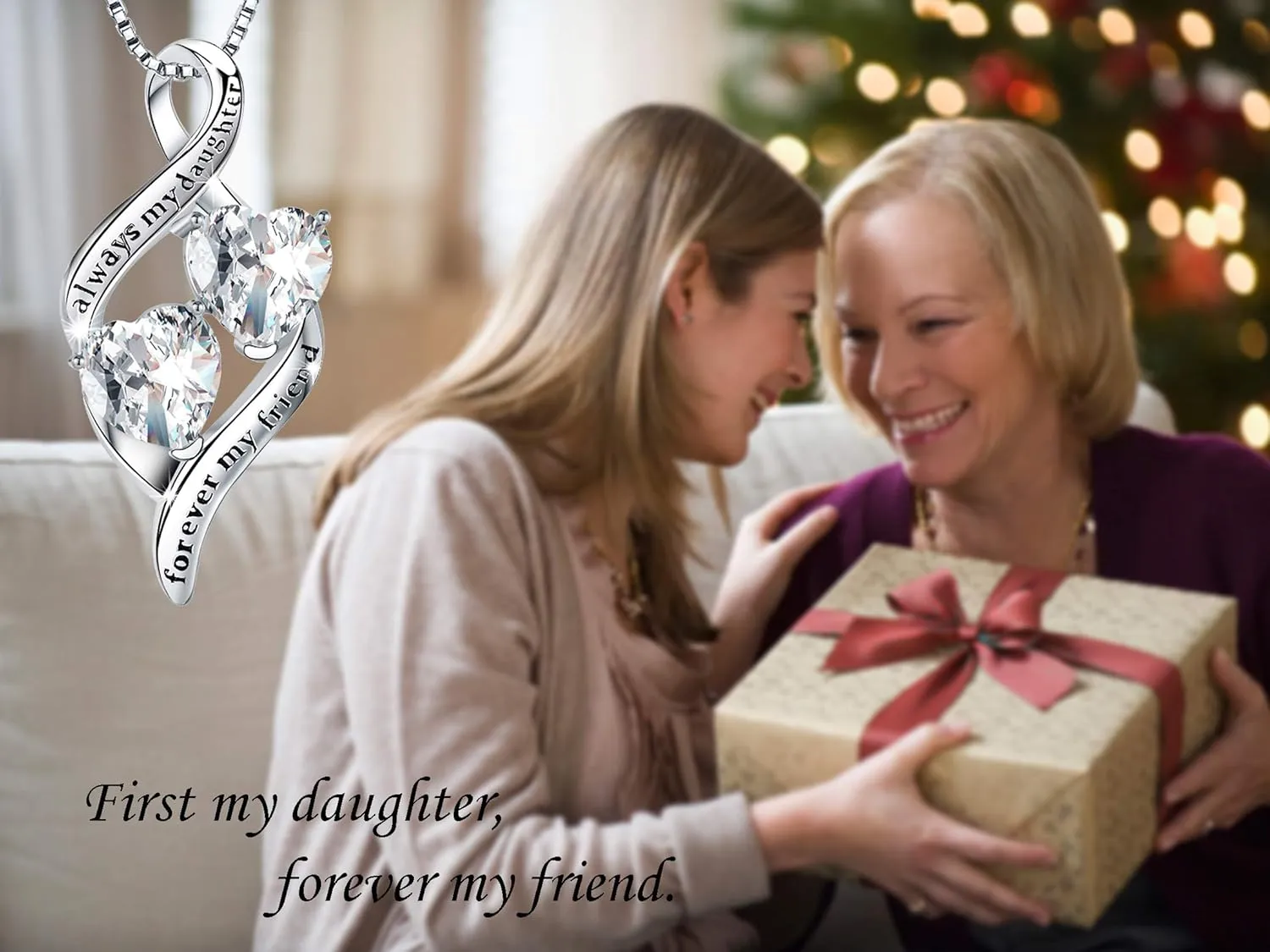 925 Sterling Silver Always My Daughter&Sister Forever My Friend Double Love Heart Pendant Necklace, Mother Daughter Bracelet Jewelry Gifts for Sister Women Couples Wife Mom Girlfriend