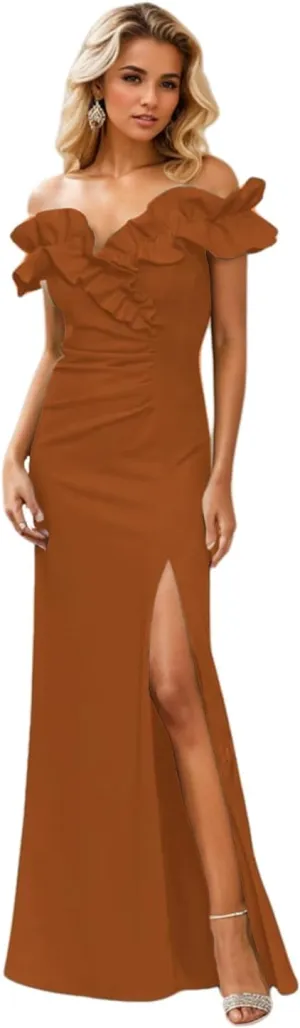 A Line Evening Dress Formal Wedding Guest Dress Off Shoulder Sleeveless Floor Length Stretch Crepe Slit Ruched 2024