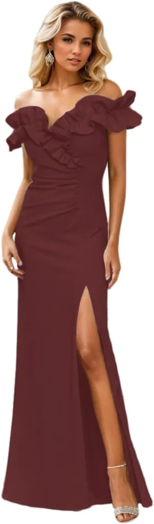 A Line Evening Dress Formal Wedding Guest Dress Off Shoulder Sleeveless Floor Length Stretch Crepe Slit Ruched 2024
