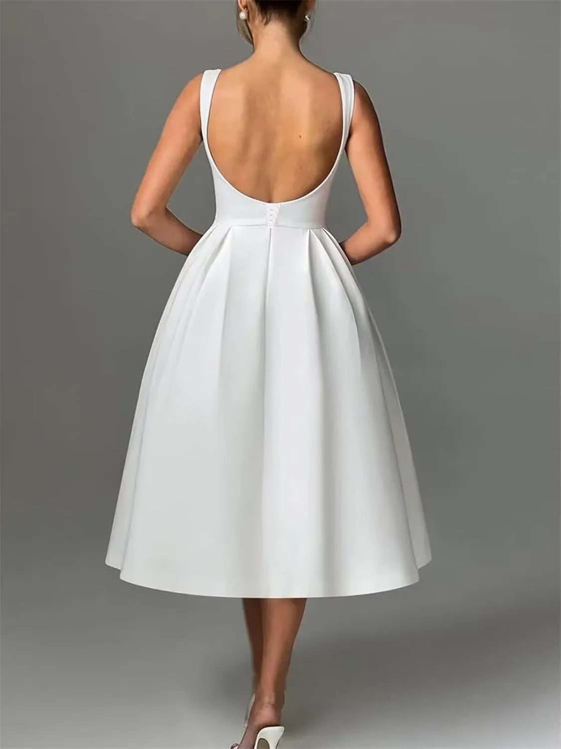 A Line Tea Length Satin Formal Cocktail Dress, Midi Prom Dress Evening Party Gown Scoop Back