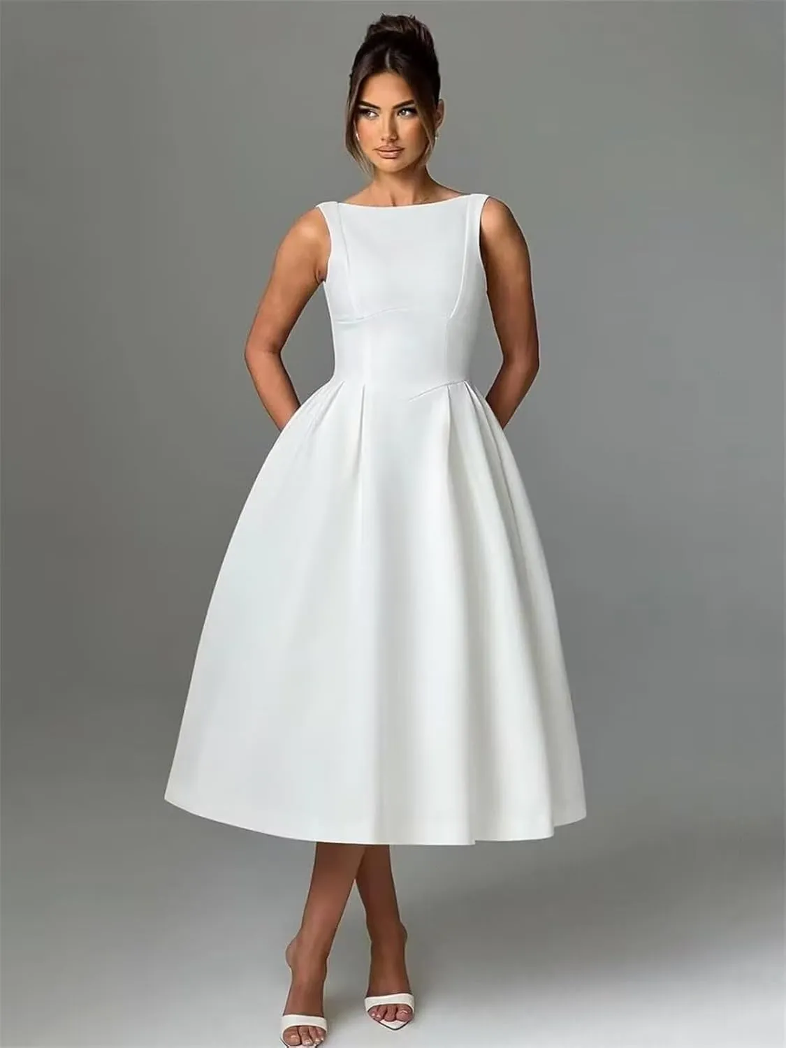 A Line Tea Length Satin Formal Cocktail Dress, Midi Prom Dress Evening Party Gown Scoop Back