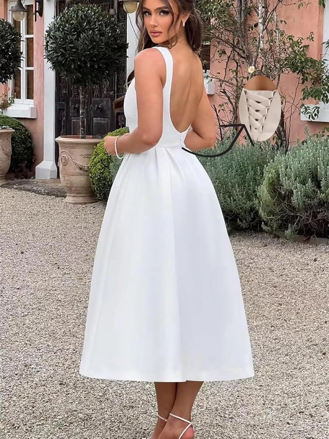 A Line Tea Length Satin Formal Cocktail Dress, Midi Prom Dress Evening Party Gown Scoop Back