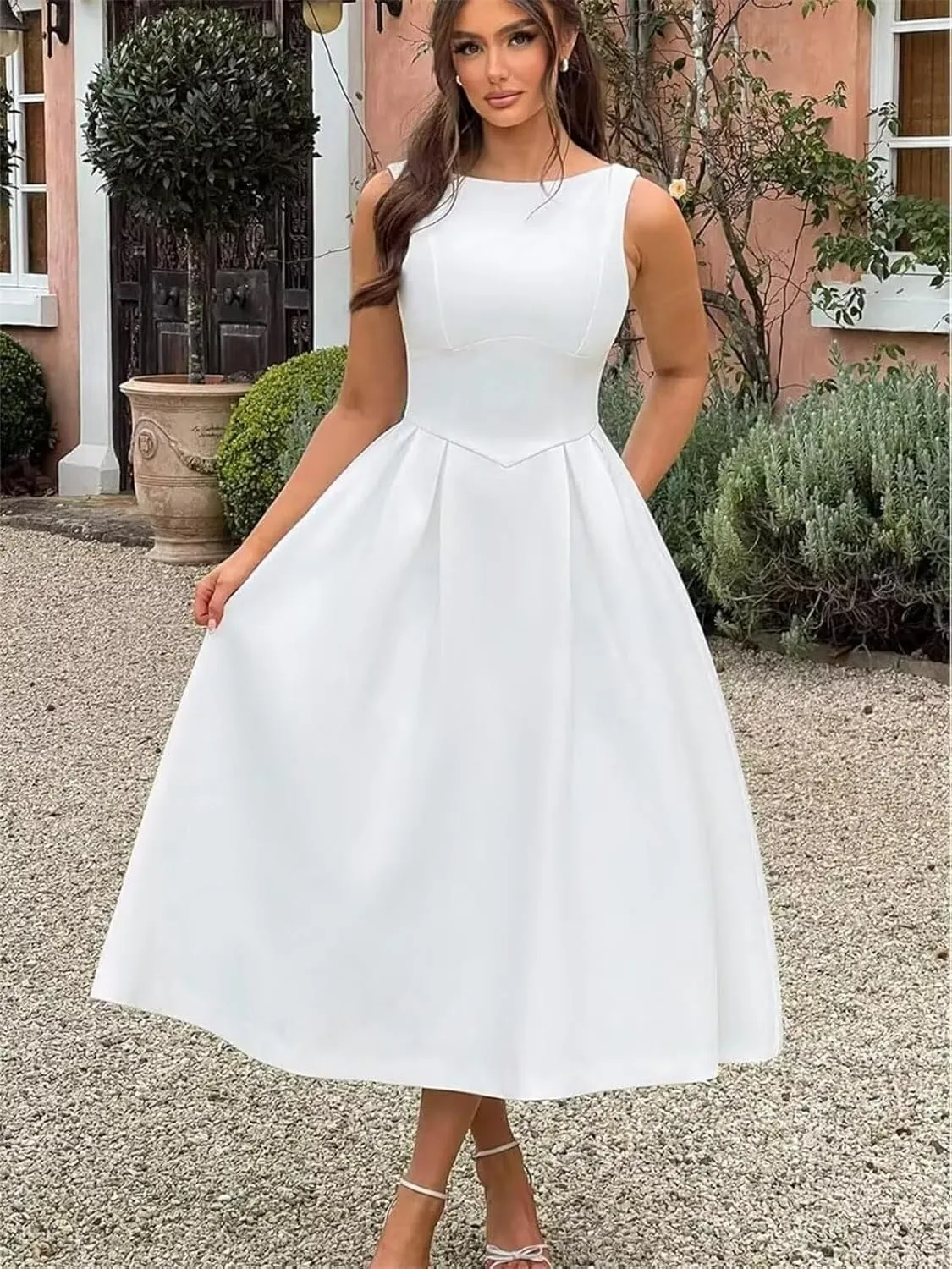 A Line Tea Length Satin Formal Cocktail Dress, Midi Prom Dress Evening Party Gown Scoop Back