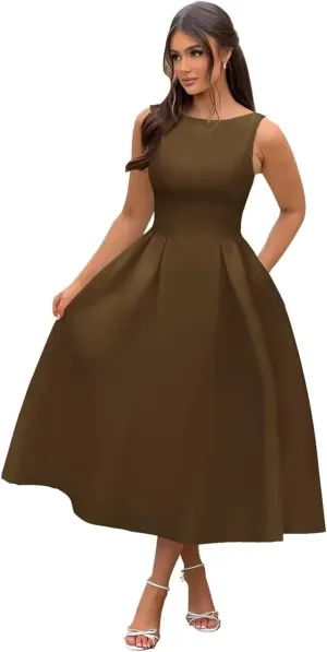 A Line Tea Length Satin Formal Cocktail Dress, Midi Prom Dress Evening Party Gown Scoop Back