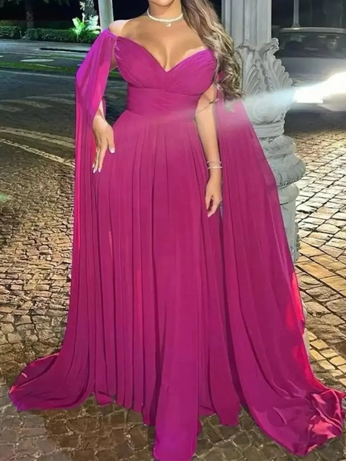 A-Line Vintage Evening Dress Prom Dress Off-The-Shoulder Court Train Sleeveless Pleats Chiffon 2024