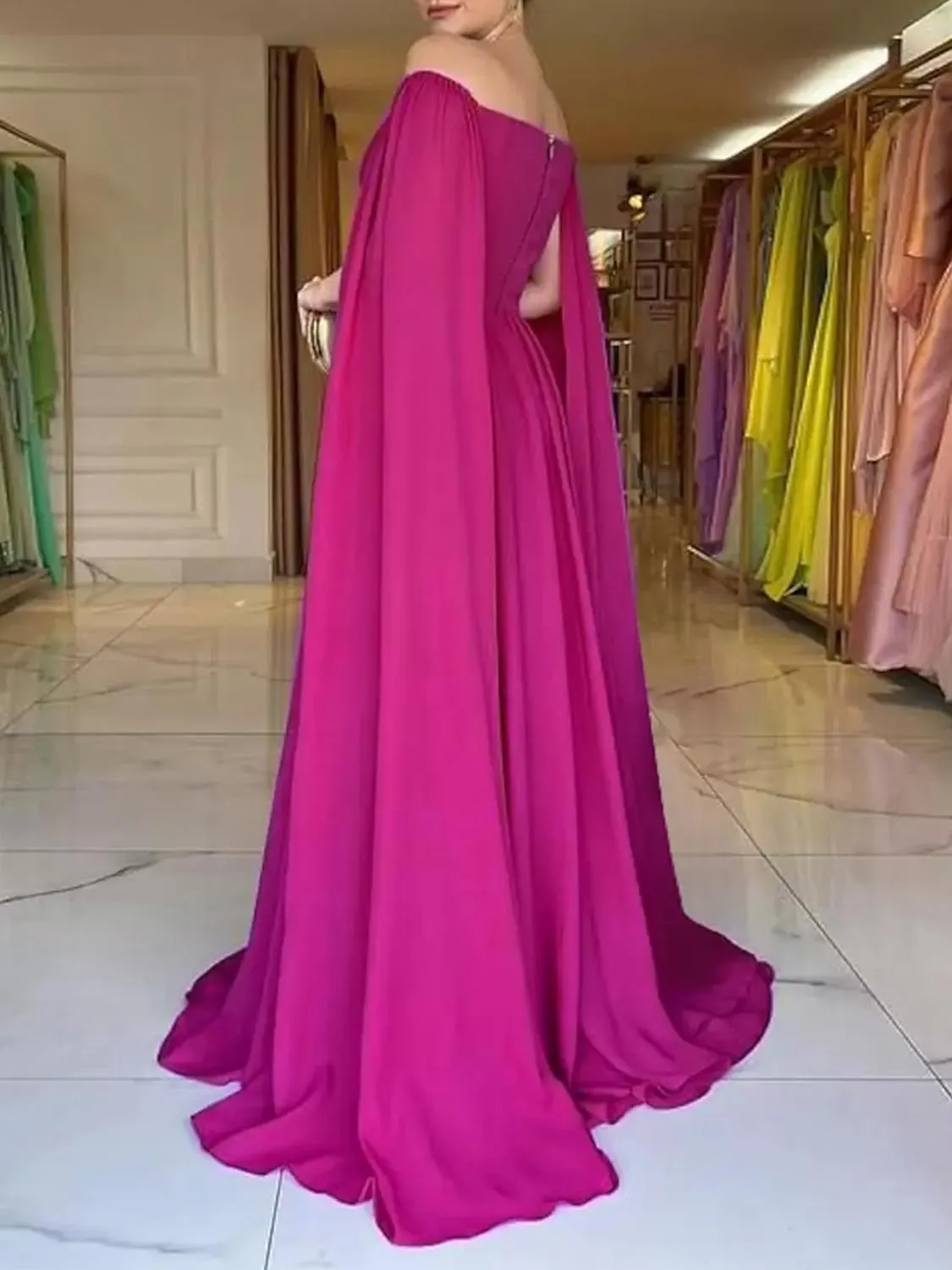 A-Line Vintage Evening Dress Prom Dress Off-The-Shoulder Court Train Sleeveless Pleats Chiffon 2024